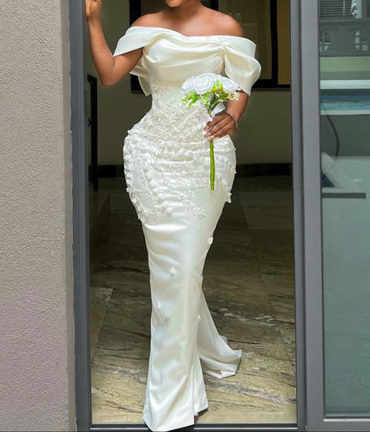 Off-Shoulder Floral Applique Gown with Big Bow