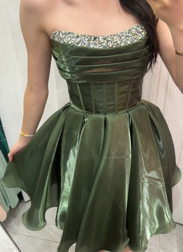 Strapless Beaded Corset Mini Dress with Pleated Skirt