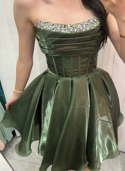 Strapless Beaded Corset Mini Dress with Pleated Skirt