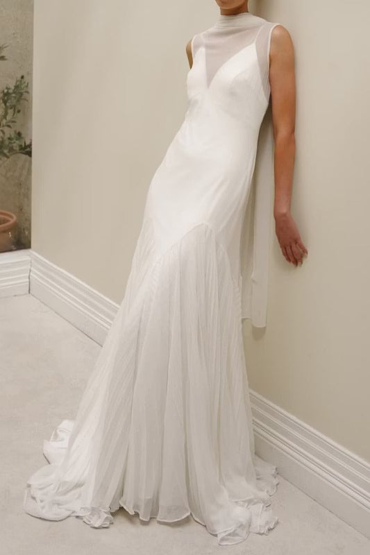 High Neck Open Back Wedding Dress with Shoulder Drapes