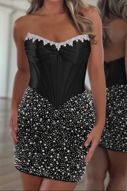 Strapless Corset Pearl Embellished Bodycon Mini Dress