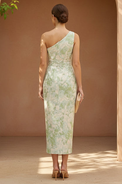 One-Shoulder Jacquard Midi Dress with Waist Bow