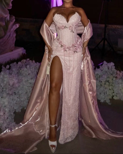 Corset Slit Evening Dress with Shawl Train