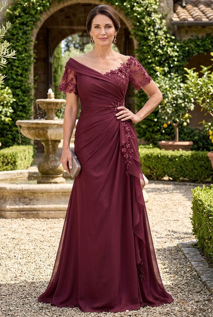 Ruched Asymmetrical Evening Gown with Lace