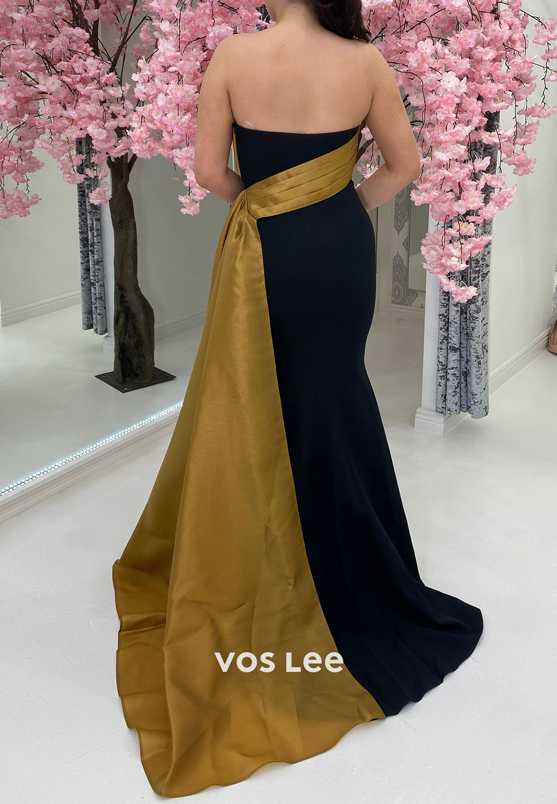 Strapless Evening Gown with Contrast Side Drape
