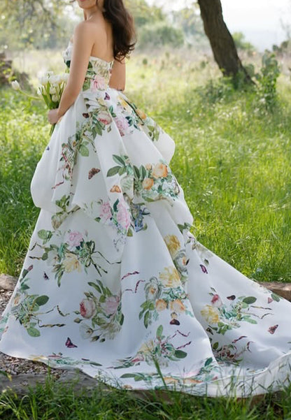 Floral Strapless Ball Gown with Draped Skirt