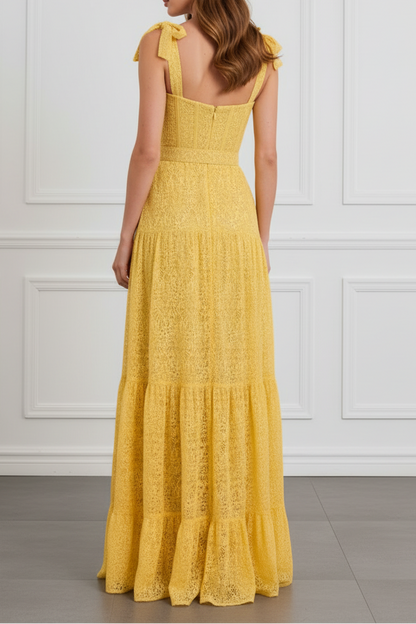 Yellow Lace Corset Belted Tiered Floor-Length Formal Gown