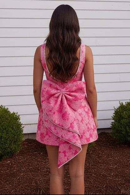 Pearl-Trimmed Floral Jacquard Mini Dress with Bow