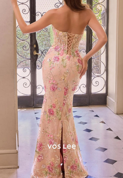 Floral Embroidered Strapless Corset Gown