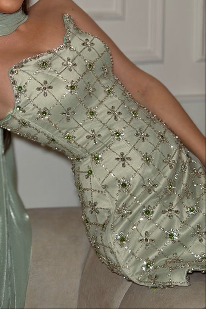 Crystal Embellished Mini Dress with Cape Sleeves