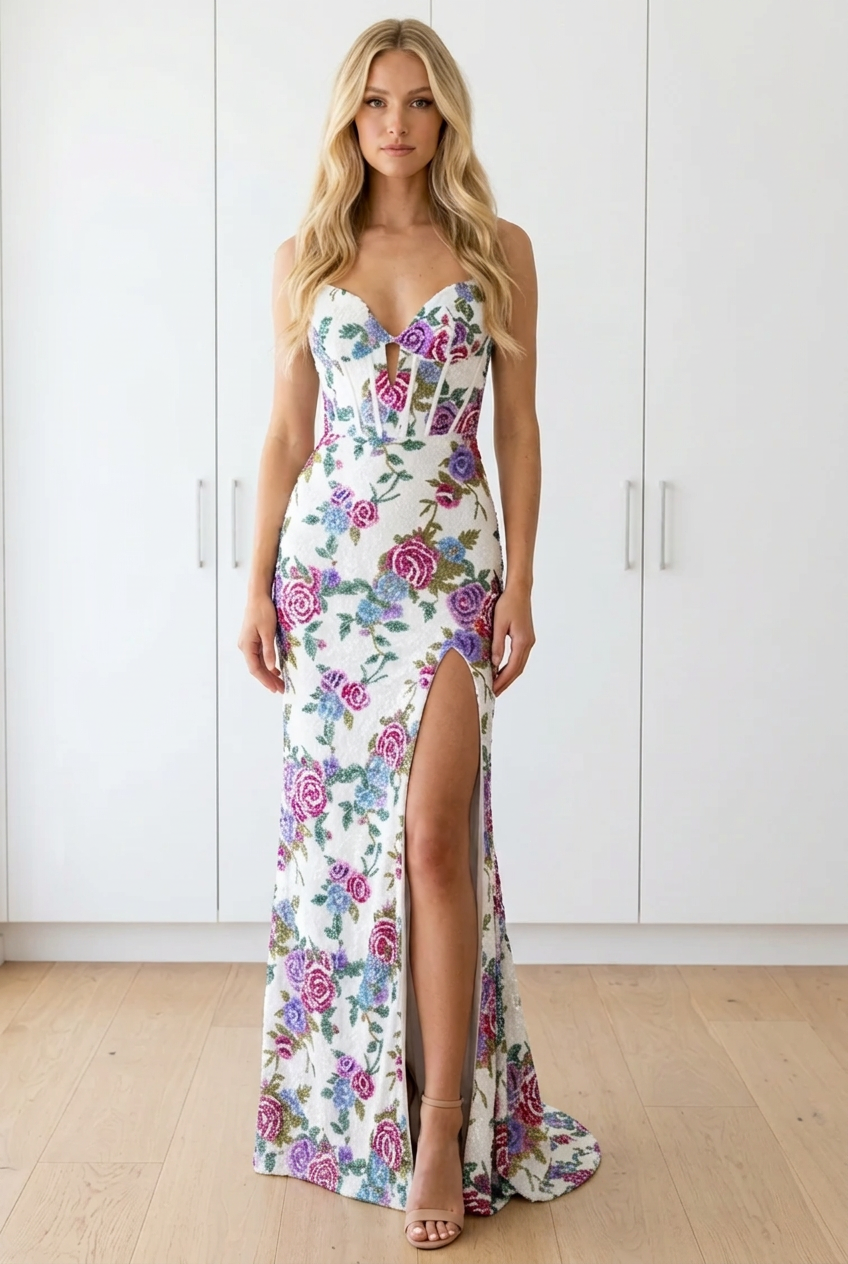 Floral Sequin Evening Gown with Slit