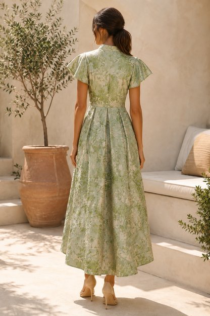 Jacquard Flutter Sleeve High-Low Midi Dress
