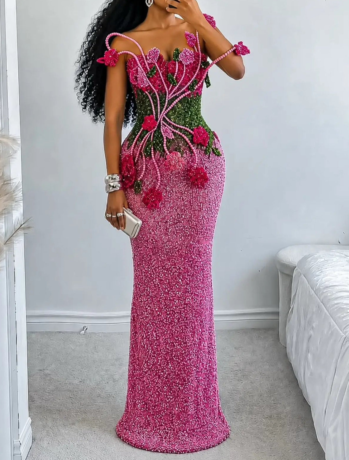 Beaded Floral Column Gown with 3D Accents