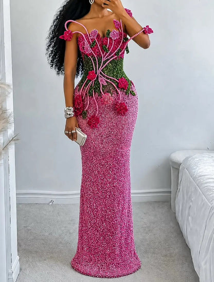 Beaded Floral Column Gown with 3D Accents