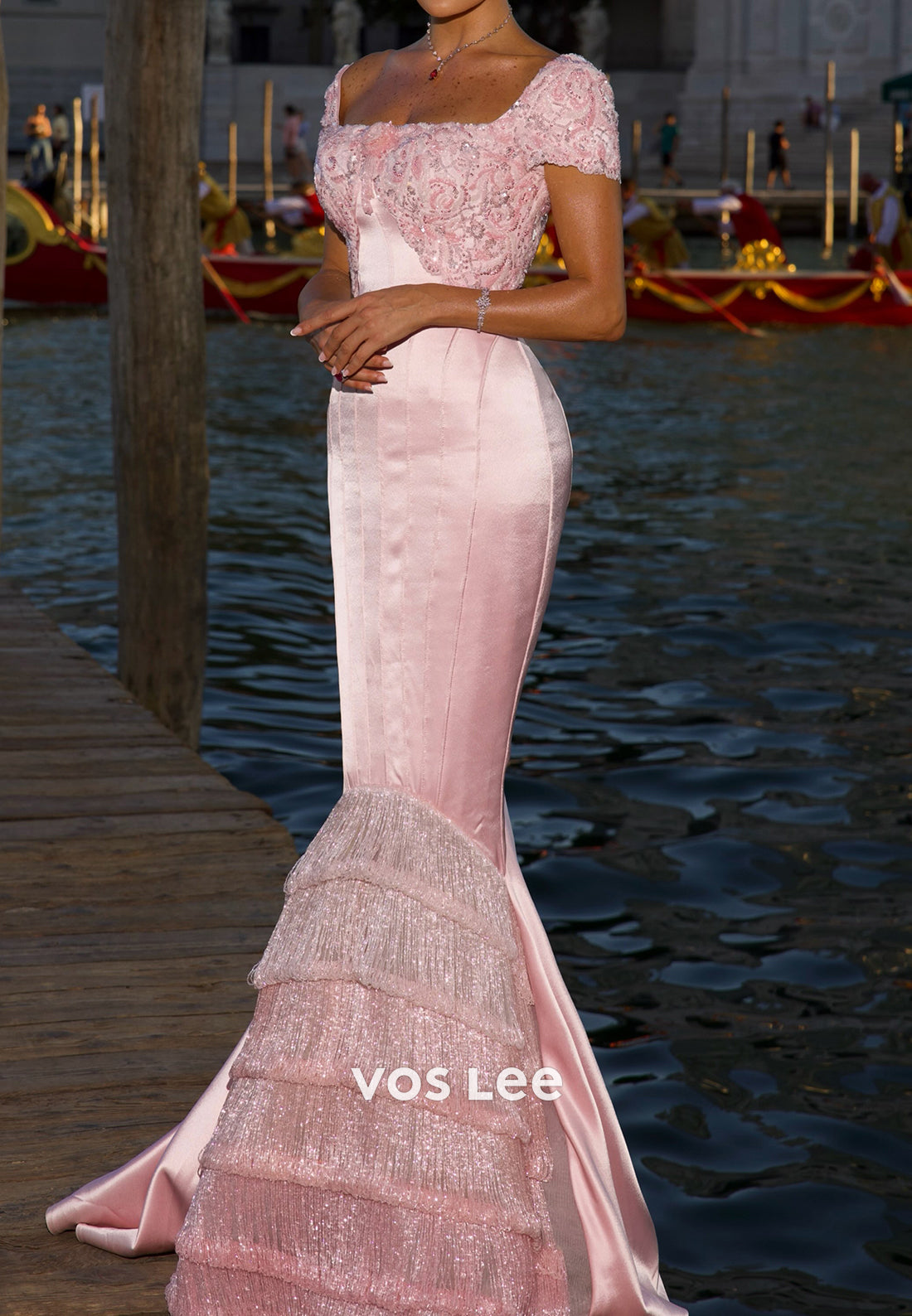 Lace Bodice Mermaid Gown with Tiered Fringe Hem