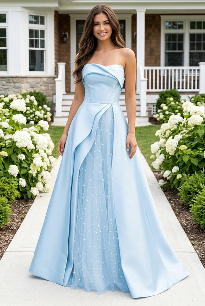 Strapless Satin Ball Gown with Pearl Tulle Split