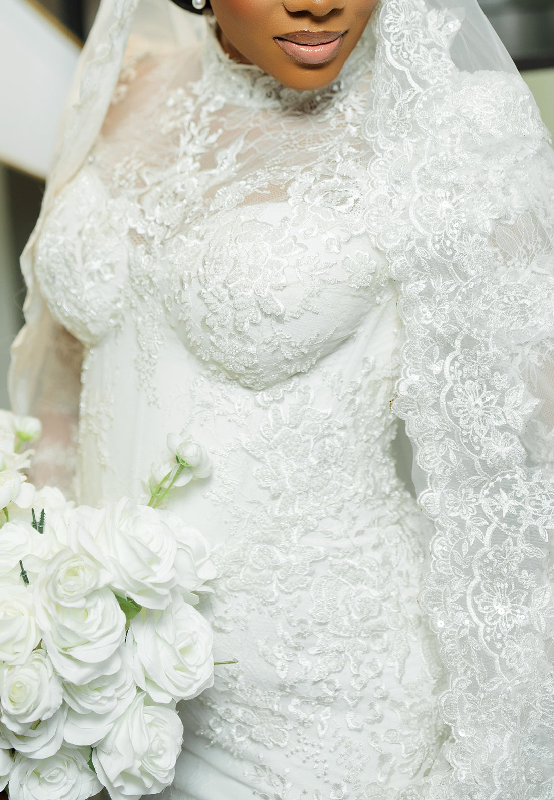 High-Neck Lace Mermaid Wedding Dress with Long Sleeves