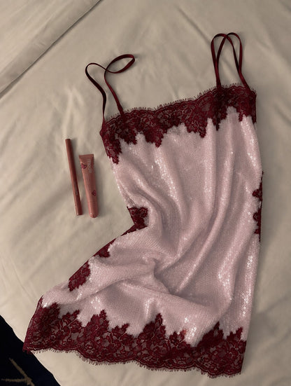 Sequin Mini Slip Dress with Contrast Lace Trim