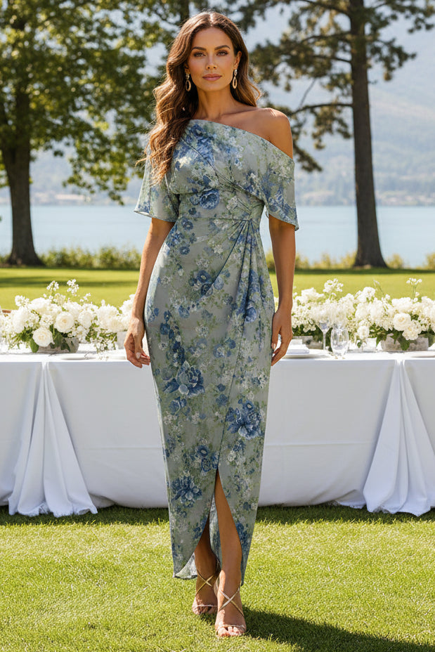 Asymmetrical One-Shoulder Floral Wrap Maxi Dress