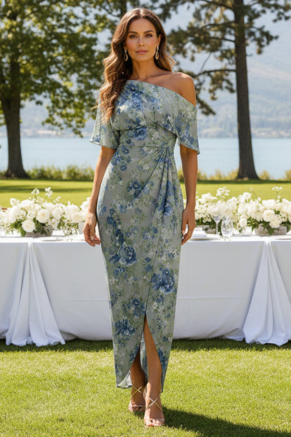 Asymmetrical One-Shoulder Floral Wrap Maxi Dress