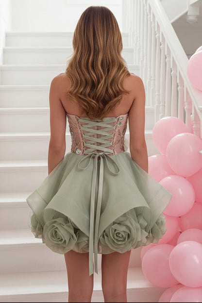 Strapless Illusion Bodice Mini Dress with 3D Rose Skirt
