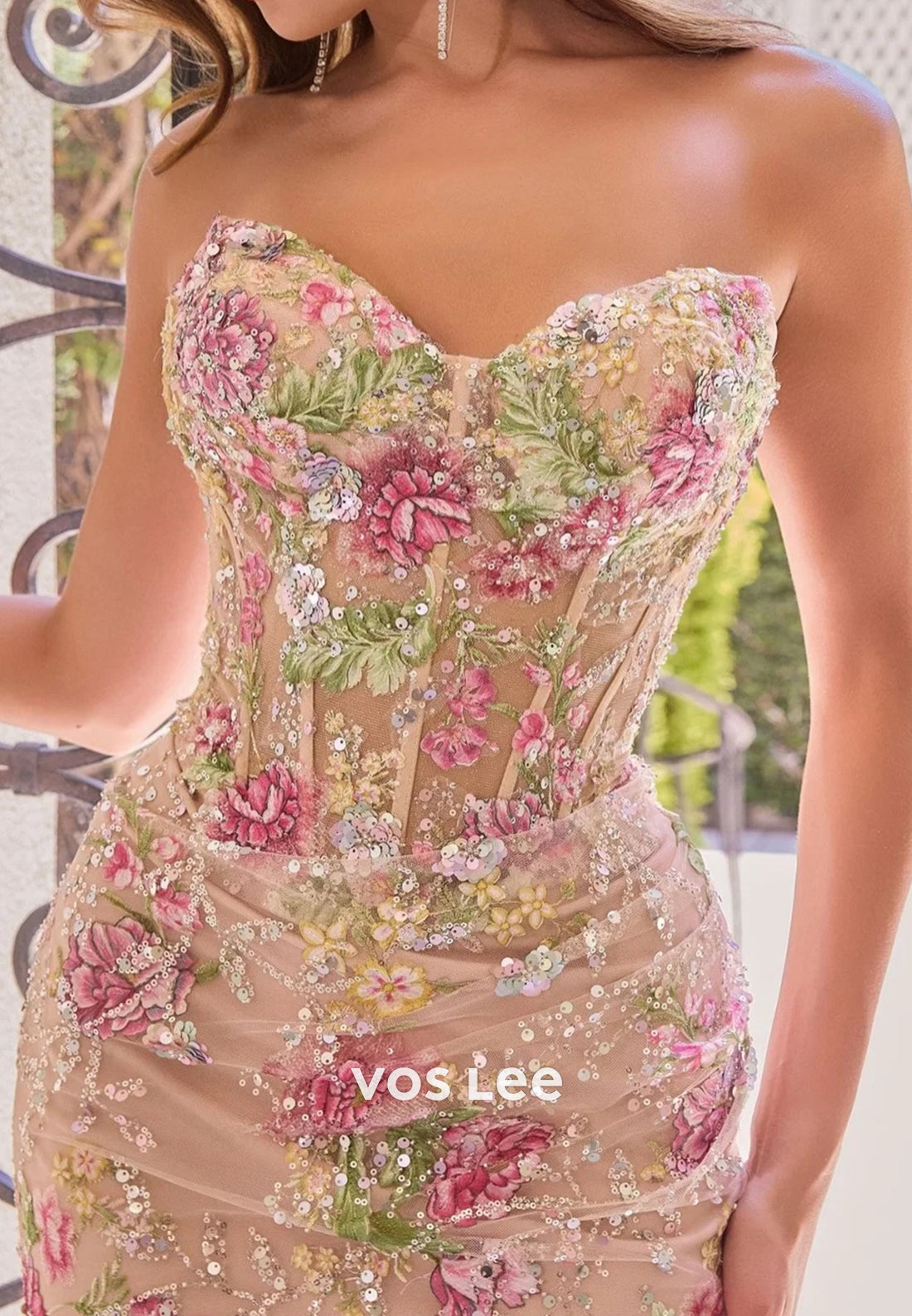 Floral Embroidered Strapless Corset Gown