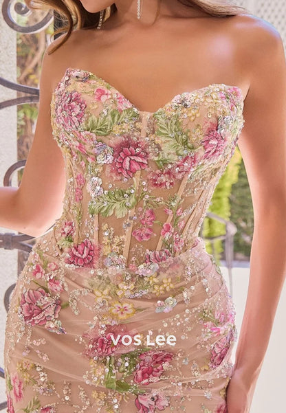 Floral Embroidered Strapless Corset Gown