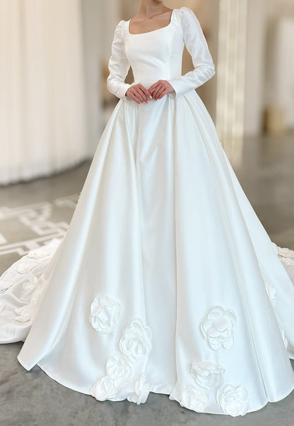 Square Neck Satin Ball Gown Wedding Dress with 3D Flowers