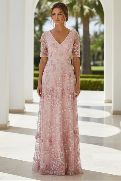 A-Line 3D Floral Embroidered Evening Gown