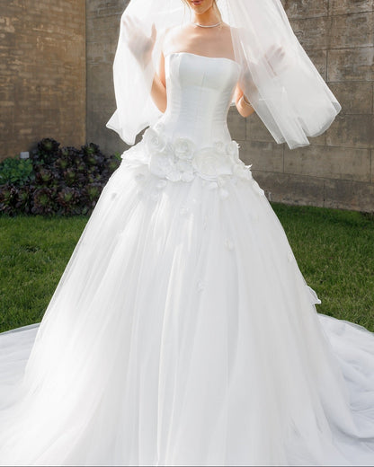 Strapless Corset Ball Gown Wedding Dress with 3D Flowers