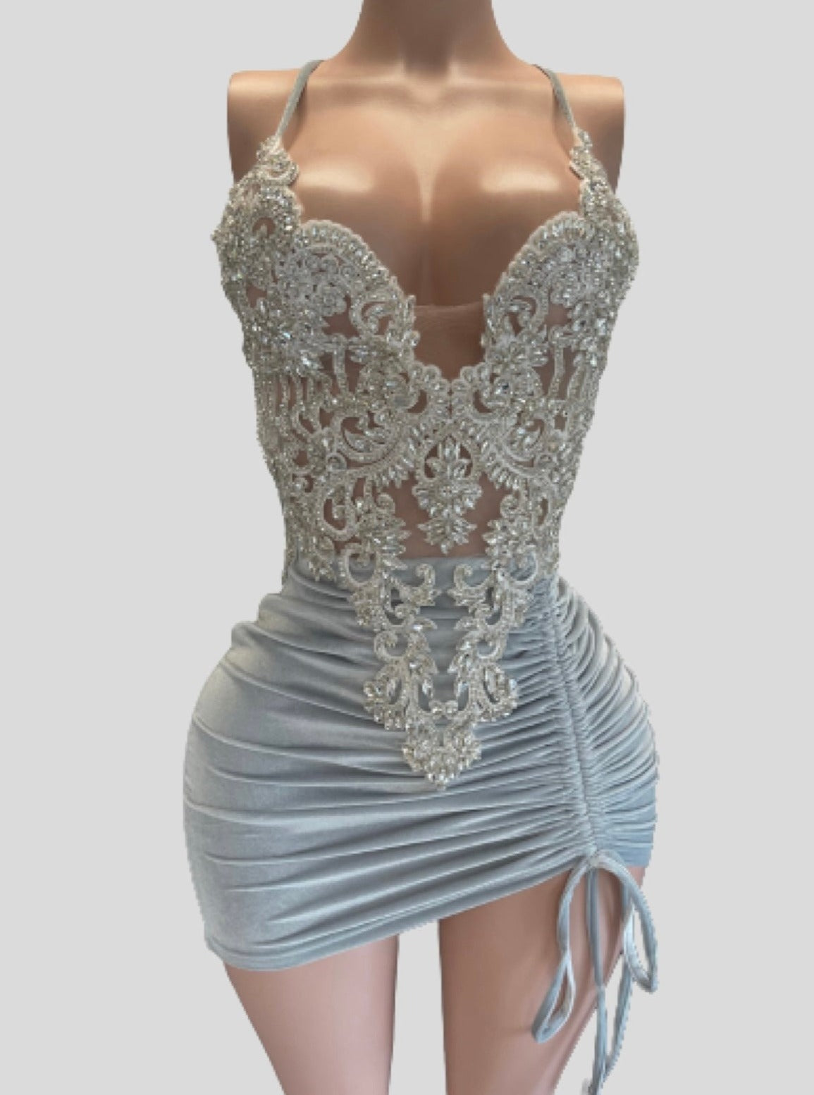 Beaded Corset Velvet Ruched Mini Dress