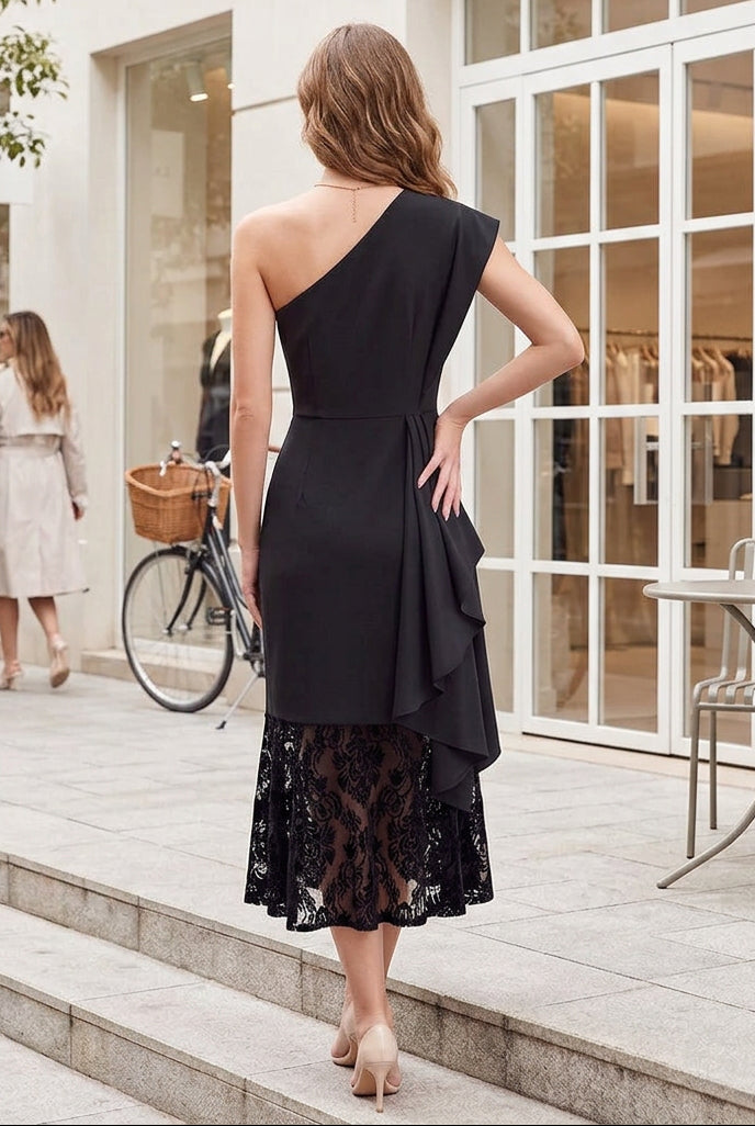 One-Shoulder Drape Midi Dress with Lace Hem