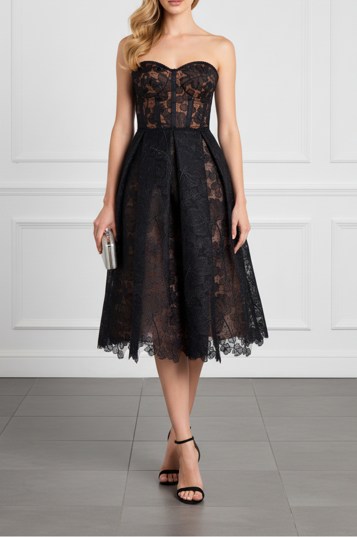Black Lace Strapless Corset Midi Dress with Full A-Line Skirt