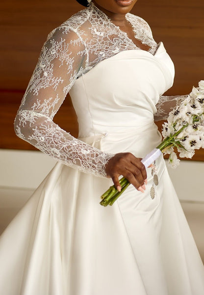 Long Sleeve Lace and Satin Wedding Dress with Overskirt