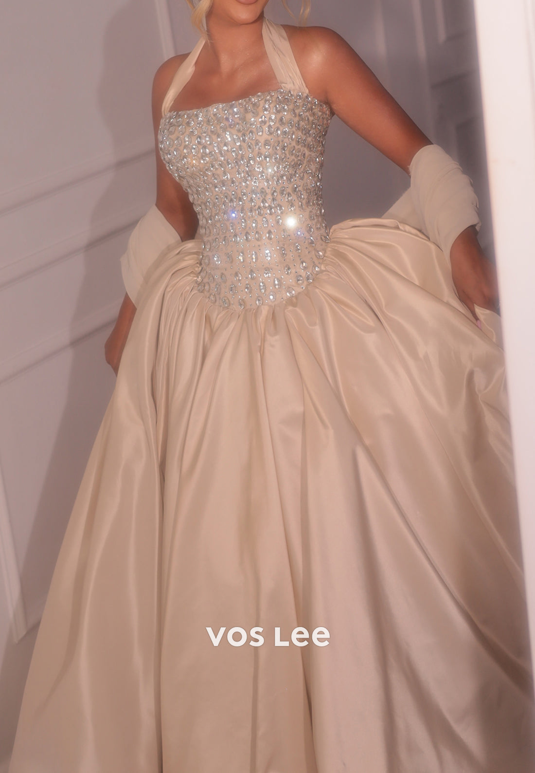 Crystal Beaded Halter Ball Gown with Shawl