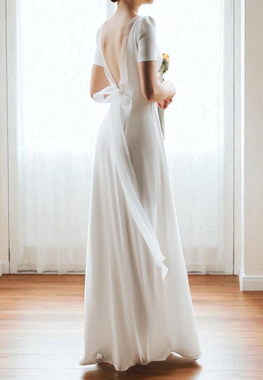 Short Sleeve Open Back Bridal Gown with Bow