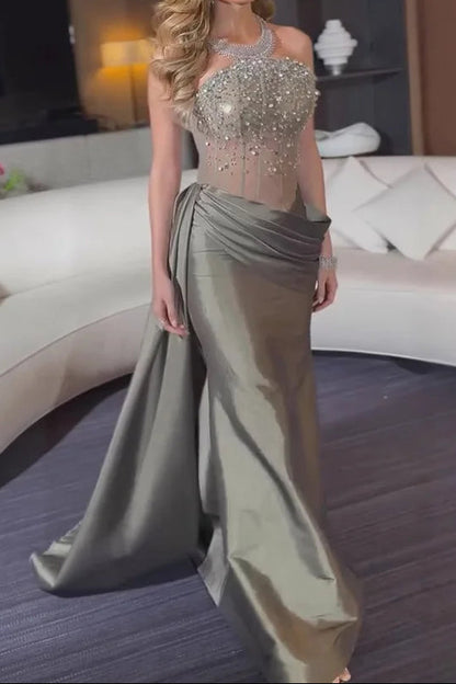Beaded Corset Evening Gown with Draped Skirt
