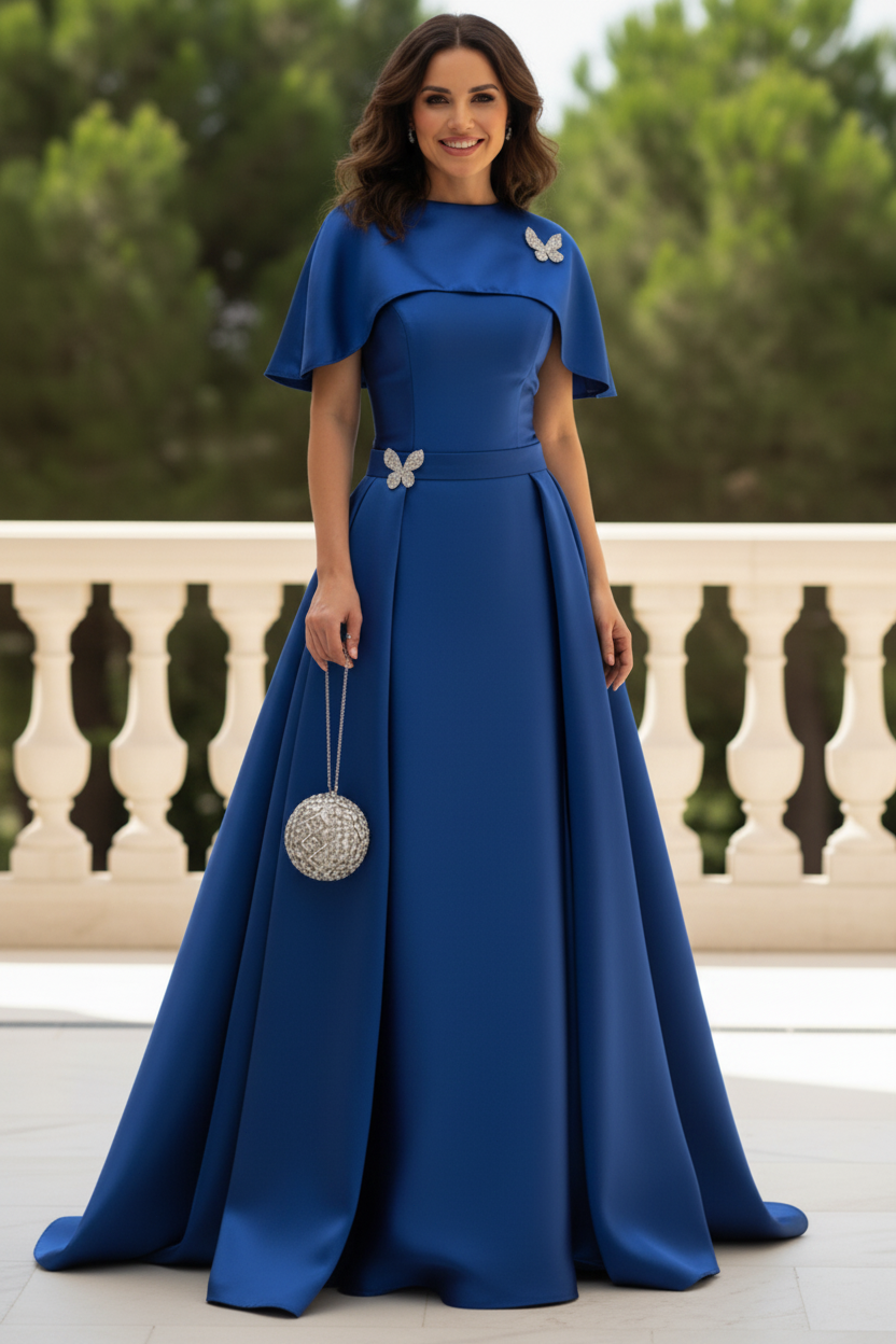 Cape Sleeve Satin A-Line Gown with Waist Belt