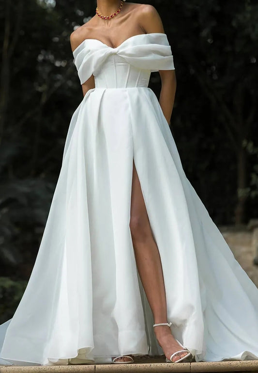 Off-the-Shoulder Corset Wedding Dress with Slit