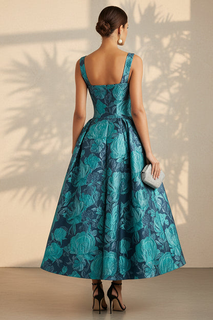 Floral Jacquard Square Neck Fit & Flare Midi Dress
