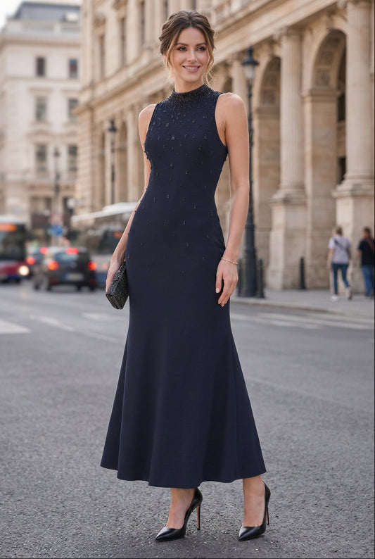 Beaded High-Neck Ankle-Length Formal Dress