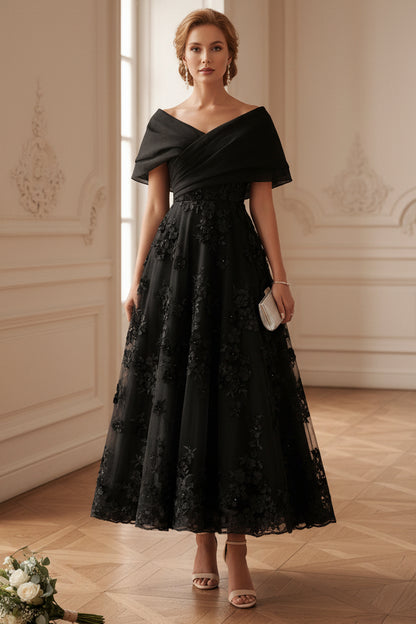 Off-the-Shoulder 3D Floral Tea-Length Dress