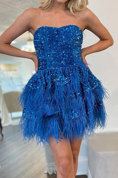 Strapless Sequin Tiered Feather Mini Dress