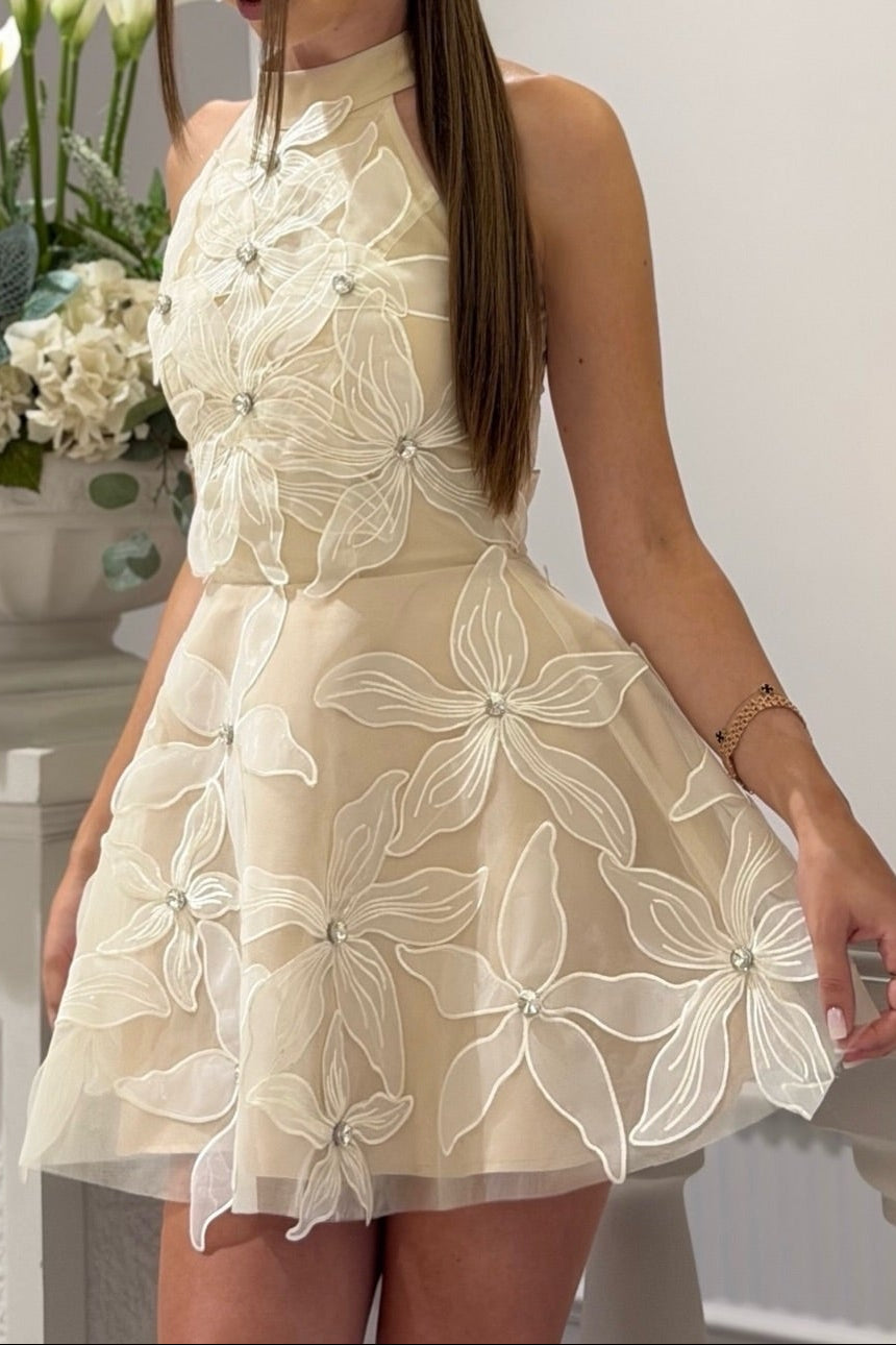 Floral Applique Halter Mini Dress