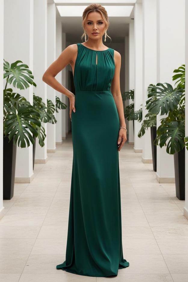 Sleeveless Keyhole Satin Maxi Evening Dress