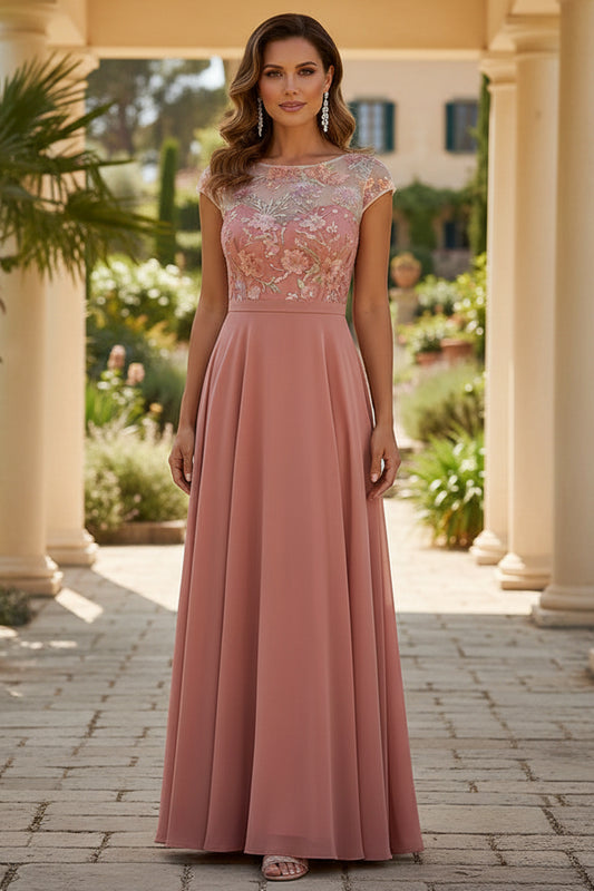 Embroidered Illusion A-Line Evening Gown with Cap Sleeves