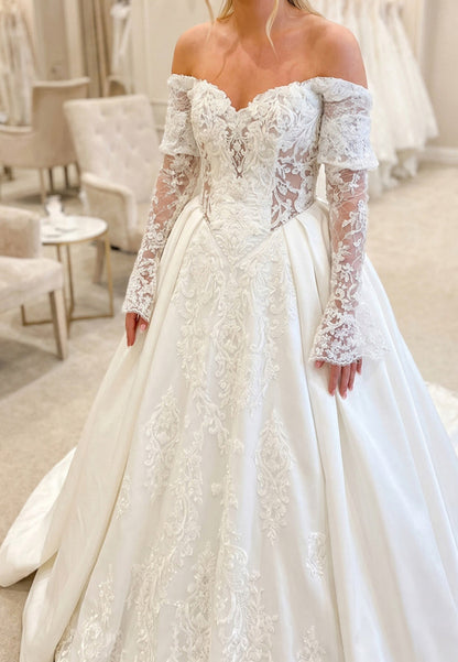 Off-the-Shoulder Lace Ball Gown Wedding Dress