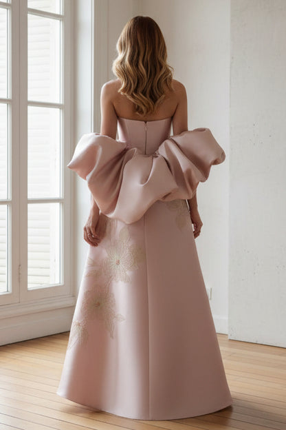 Embroidered Strapless A-Line Gown with Statement Bow