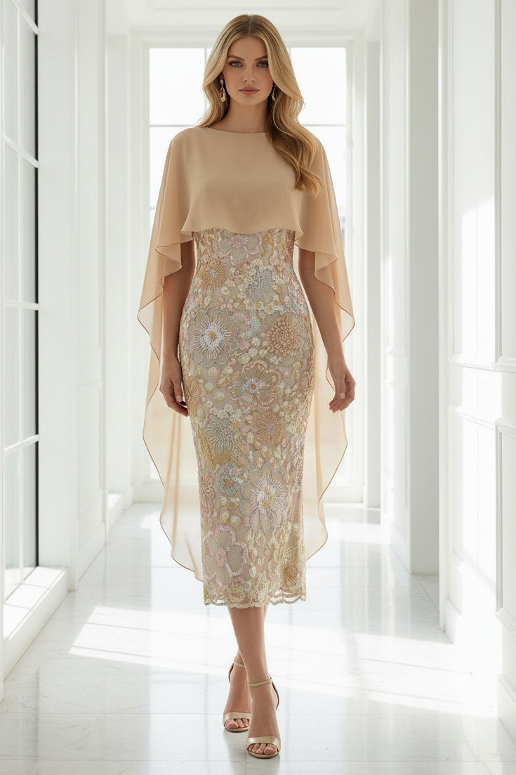 Elegant Embroidered Sheath Dress with Chiffon Cape