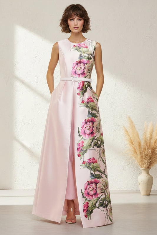 Sleeveless Floral Bateau Jumpsuit with Overskirt